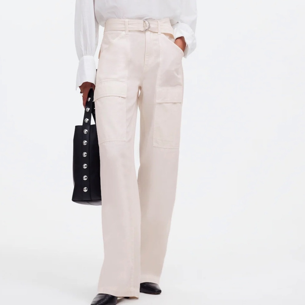 NWT Madewell Belted Slouchy Straight Cargo Pants Ivory  High-Rise Cotton Size 27